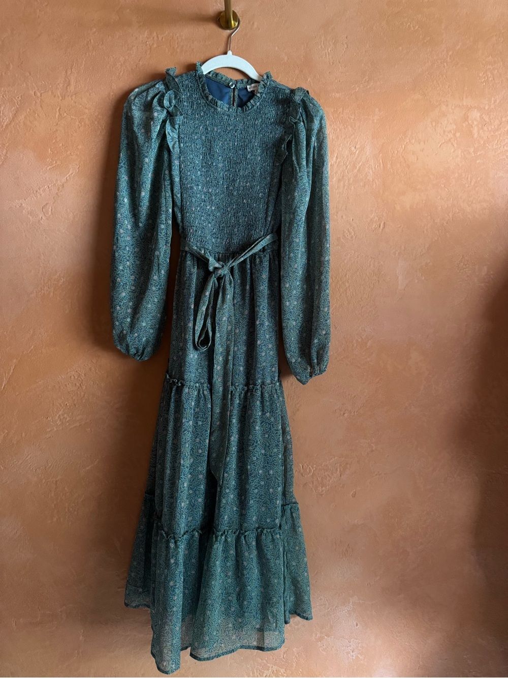 Moon River Anthropologie Teal Floral Smocked Cottagecore Prairie Dress XS